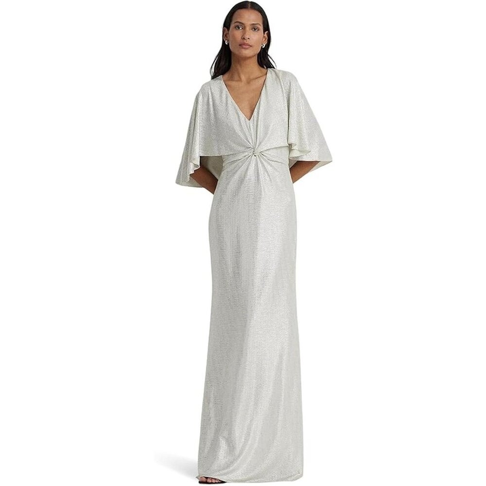 Lauren Ralph Lauren Dress Womens Size 4 Silver Metallic Cape Maxi Gown $295